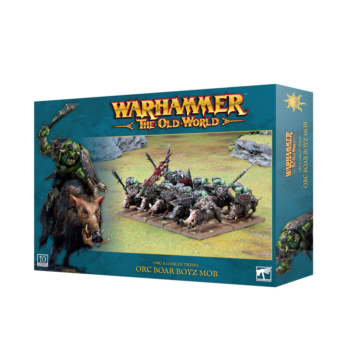 Teal game box shown from the front and right side, featuring painted green Orc riders on boars in a battle scene. The front reads “WARHAMMER THE OLD WORLD” and “ORC BOAR BOYZ MOB.”