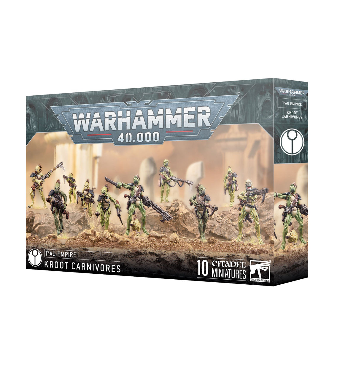 Boxed T'au Empire Kroot Carnivore miniatures, with front artwork showing green, feathered warriors carrying guns across rocky terrain and a narrow right-side panel. The box reads “WARHAMMER 40,000,” “KROOT CARNIVORES,” and “10 CITADEL MINIATURES.”
