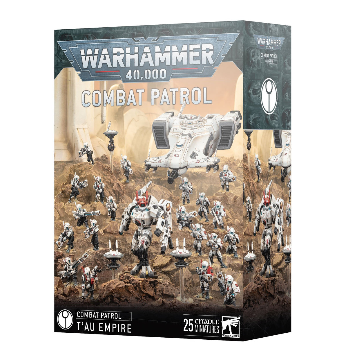 Warhammer 40,000 Combat Patrol box shown at an angle, with the front and right side visible. The front depicts white and gray T’au battlesuits, a hovering transport and infantry on rocky terrain, beneath the text “WARHAMMER 40,000” and “COMBAT PATROL”; the lower panel reads “T’AU EMPIRE.”