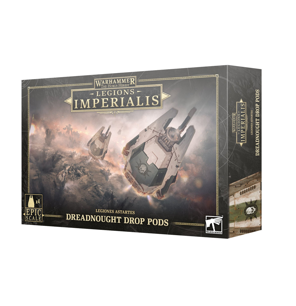 Box for Legions Imperialis Dreadnought Drop Pods, with dark charcoal and gold trim. The front depicts two gray armored pods descending through smoke and fire; the side panel shows more artwork. Text reads “LEGIONS IMPERIALIS” and “DREADNOUGHT DROP PODS.”