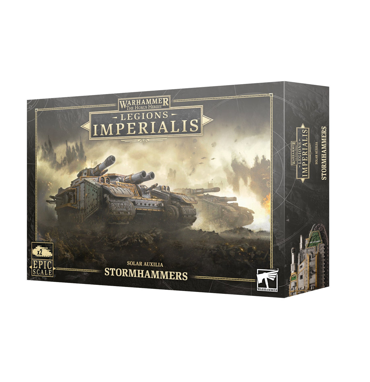 Box for Legions Imperialis: Stormhammers, with artwork of armored gray tanks advancing through a smoky battlefield. The front reads “LEGIONS IMPERIALIS” and “SOLAR AUXILIA STORMHAMMERS”; the narrow side shows the game logo and a tank illustration.