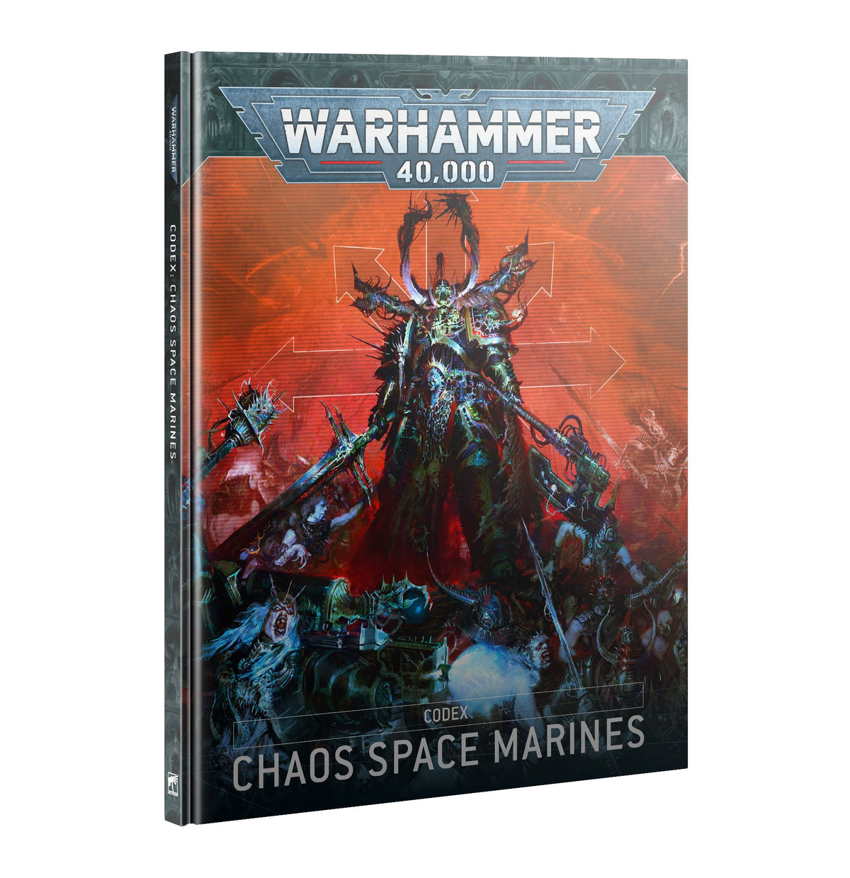Hardcover Warhammer 40,000 Codex: Chaos Space Marines book shown upright at a slight angle, with dark teal edges and a red-orange cover depicting an armored, horned warrior above other fighters. The cover reads “WARHAMMER 40,000” and “CODEX CHAOS SPACE MARINES.”
