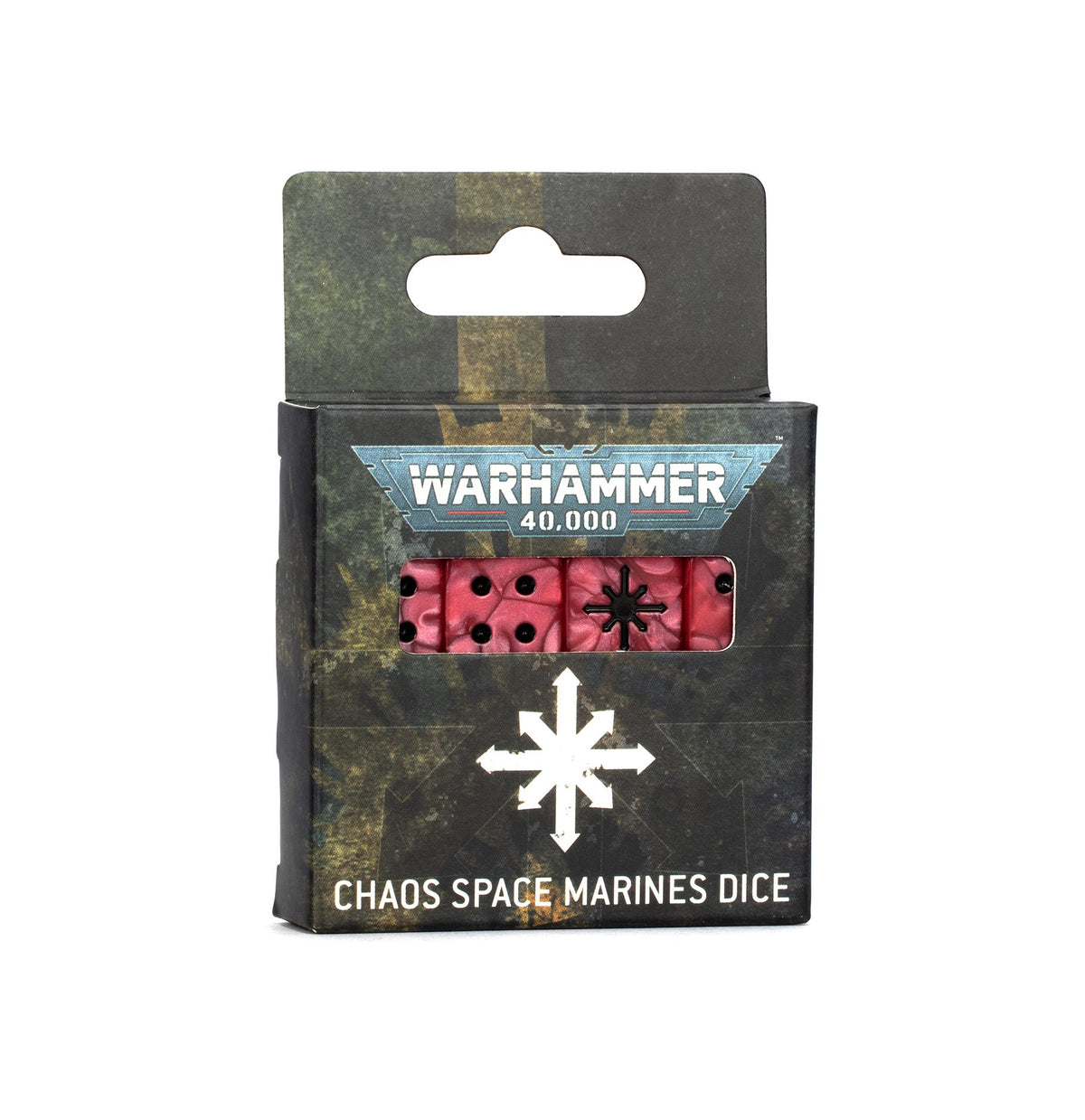A dark, weathered box of Chaos Space Marines dice stands against a white background, with several red marbled dice and black markings visible through its window. The package reads “WARHAMMER 40,000” and “CHAOS SPACE MARINES DICE.”