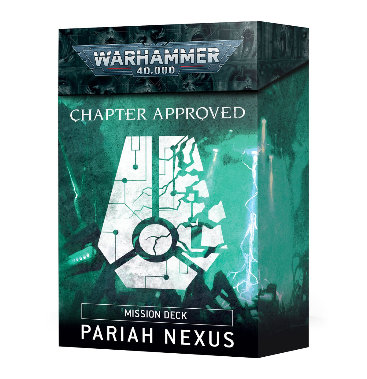 An upright Warhammer 40,000 mission deck box with dark teal and black artwork, a large cracked white map emblem and the text “CHAPTER APPROVED,” “MISSION DECK” and “PARIAH NEXUS.”
