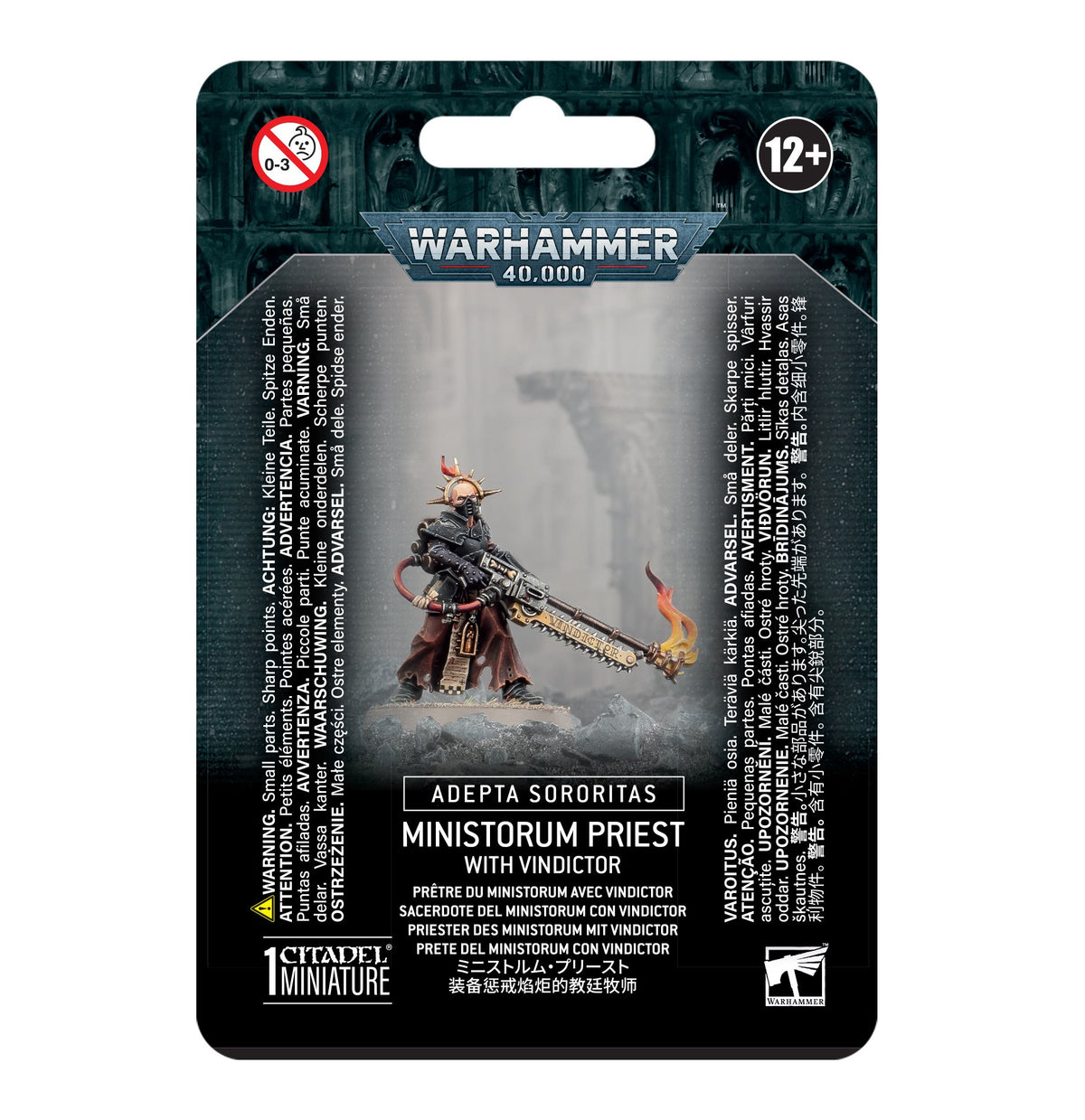 Front of a Warhammer 40,000 miniature package, with a dark teal and black backing and a small armored figure in brown robes holding a long weapon with a flame at its tip. The packaging reads “WARHAMMER 40,000” and “MINISTORUM PRIEST WITH VINDICTOR.”