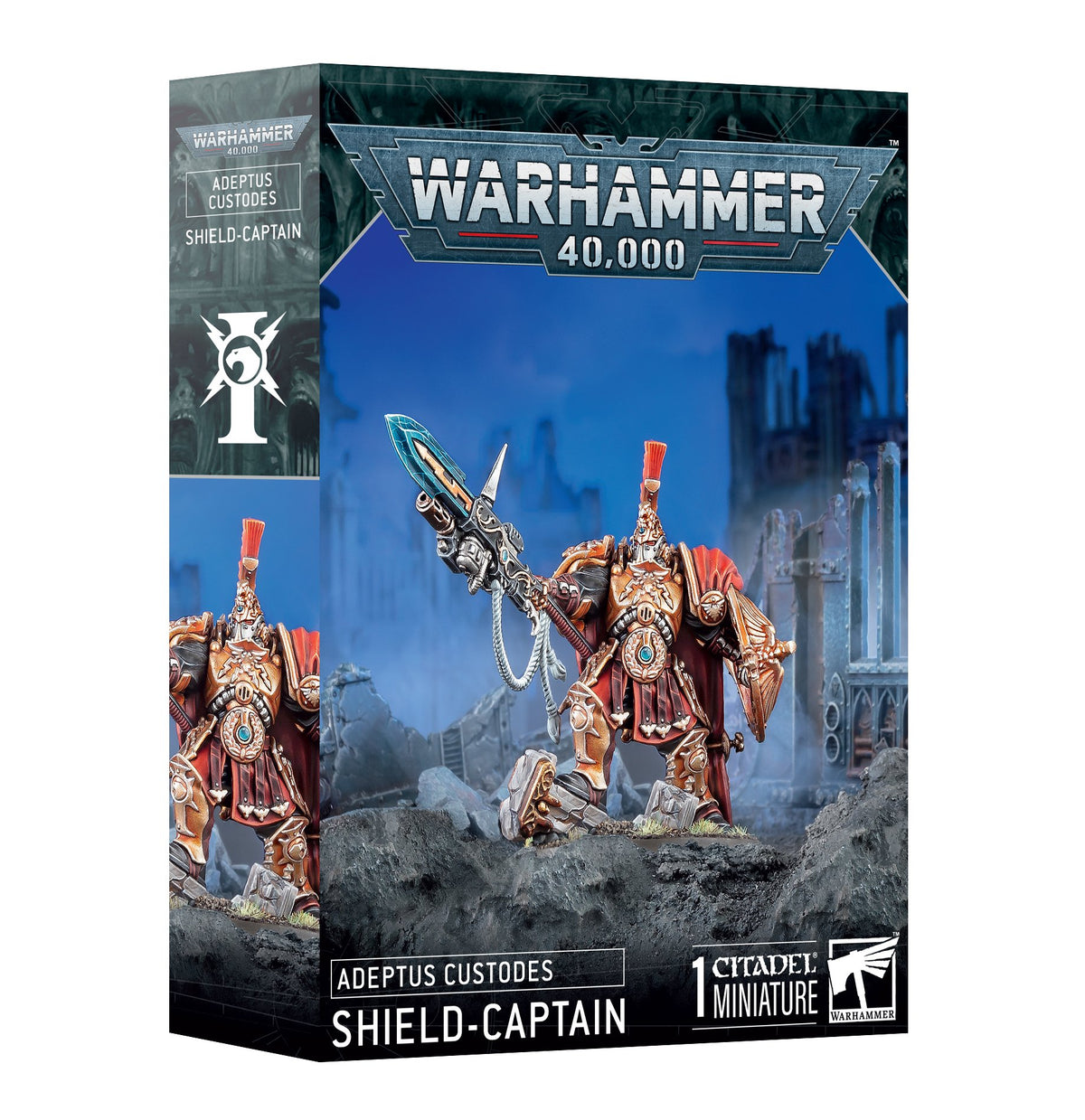 Warhammer 40,000 Shield-Captain miniature box, shown from the front and left side. The artwork features a gold-armored figure with red robes and crest, holding a long spear with a blue blade; the front reads “WARHAMMER 40,000” and “SHIELD-CAPTAIN.”