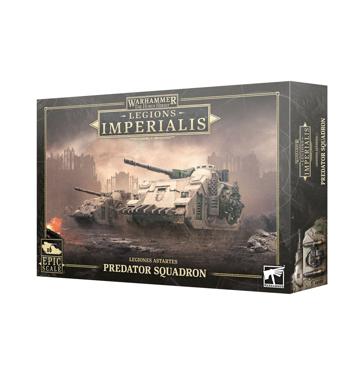 Box for a Legion Imperialis Predator Squadron miniature kit, shown at an angle with the front and right side visible. The front depicts pale armored tanks in a smoky battlefield and reads “WARHAMMER,” “LEGIONS IMPERIALIS,” and “PREDATOR SQUADRON”; a badge says “x6 EPIC SCALE.”