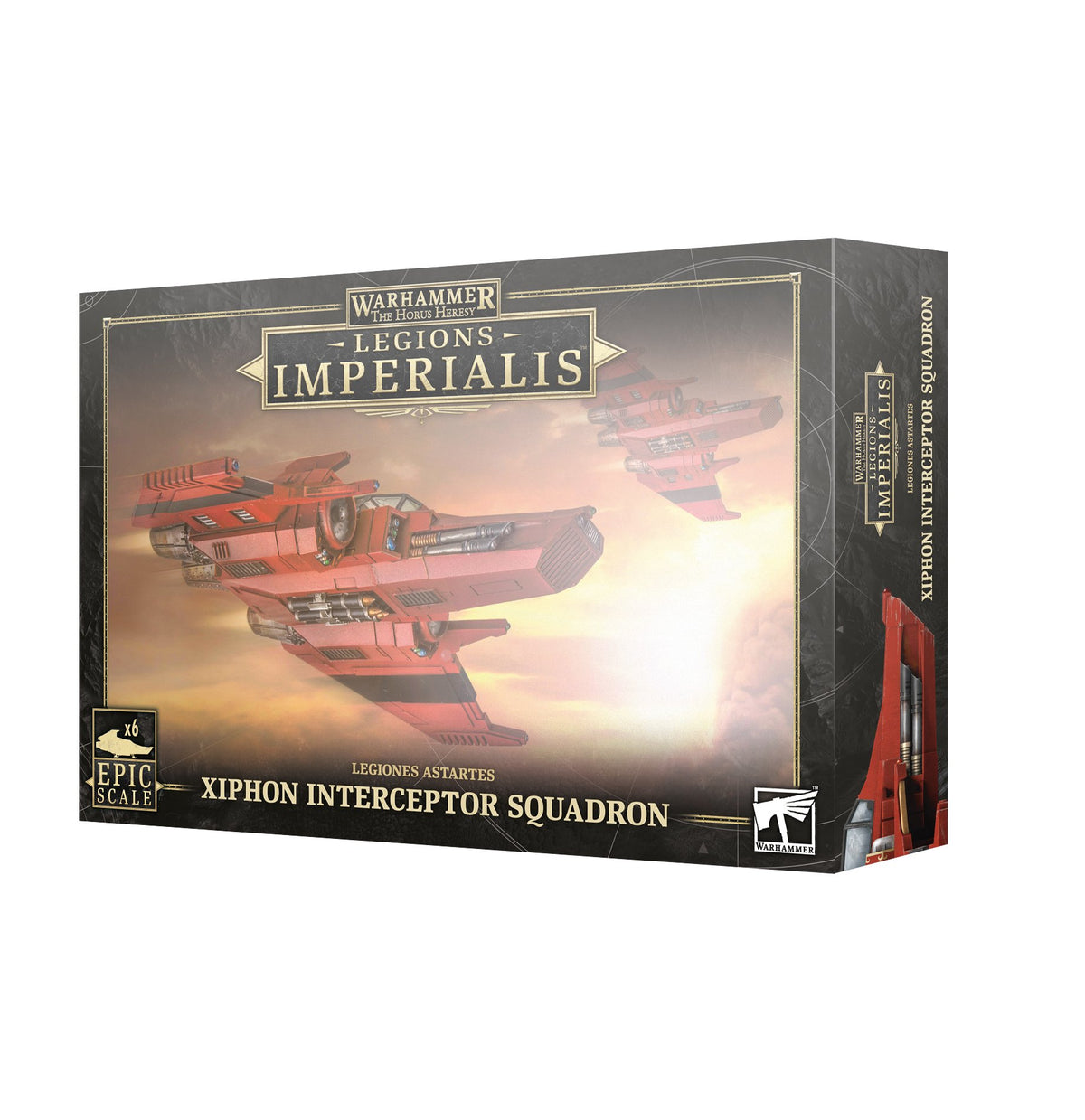 A black and gold game box shown at an angle, illustrated with several red futuristic aircraft flying through a glowing sky. The front reads “Warhammer The Horus Heresy,” “Legions Imperialis” and “Xiphon Interceptor Squadron.”