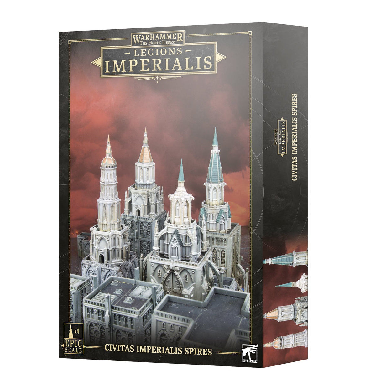 Box for Civitas Imperialis Spires, with artwork of four ornate pale gray gothic towers rising above city buildings against a red-brown sky; the side panel shows tower details. The front reads “LEGIONS IMPERIALIS” and “CIVITAS IMPERIALIS SPIRES.”