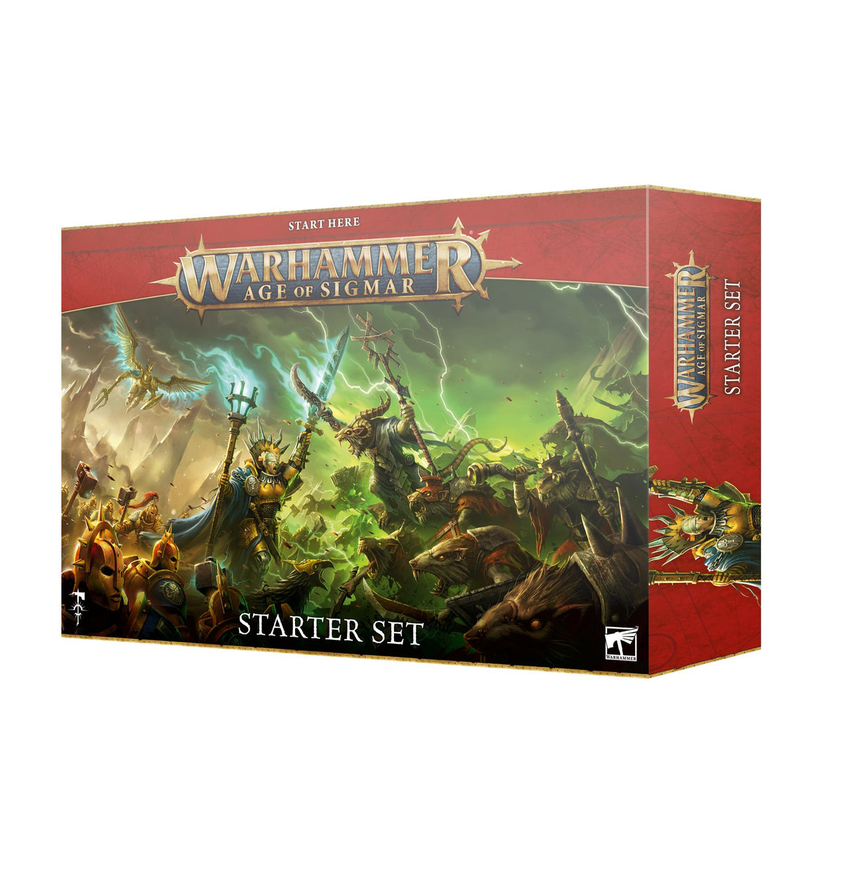 Warhammer Age of Sigmar starter set box shown from the front and right side, with red borders and colorful fantasy battle artwork of armored warriors and creatures amid green lightning. The front reads “WARHAMMER AGE OF SIGMAR” and “STARTER SET”; “START HERE” appears along the top edge.