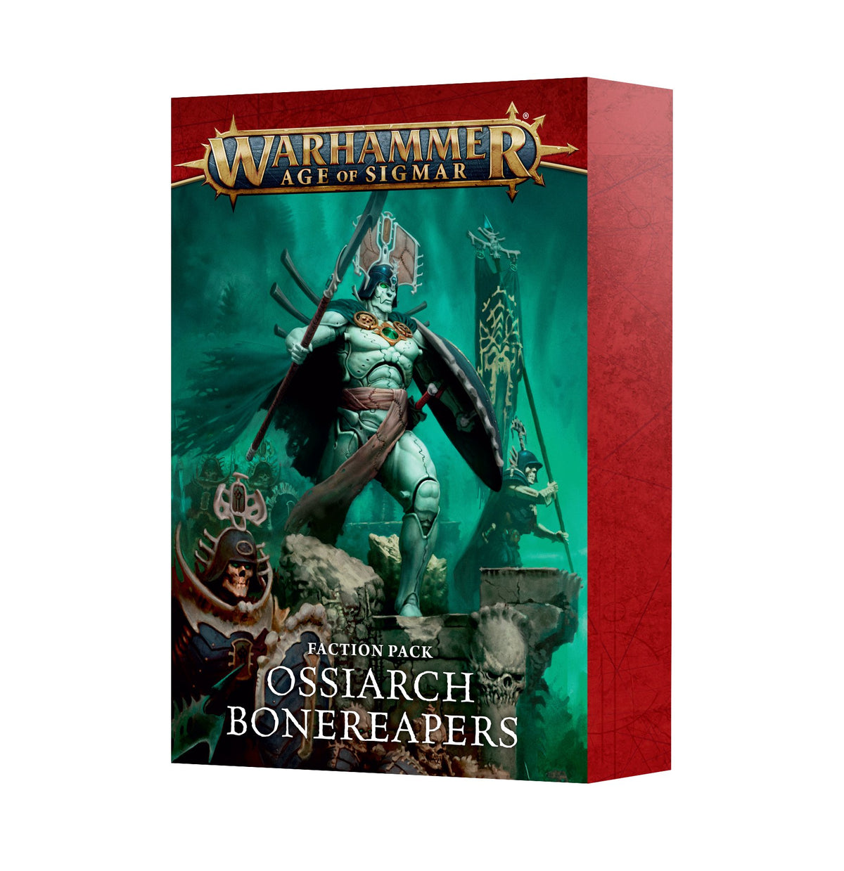 A red-sided card pack box shown upright at an angle, with teal fantasy artwork of an armored skeletal warrior holding a spear and shield among skull-faced figures. The front reads “WARHAMMER AGE OF SIGMAR,” “FACTION PACK,” and “OSSIARCH BONEREAPERS.”