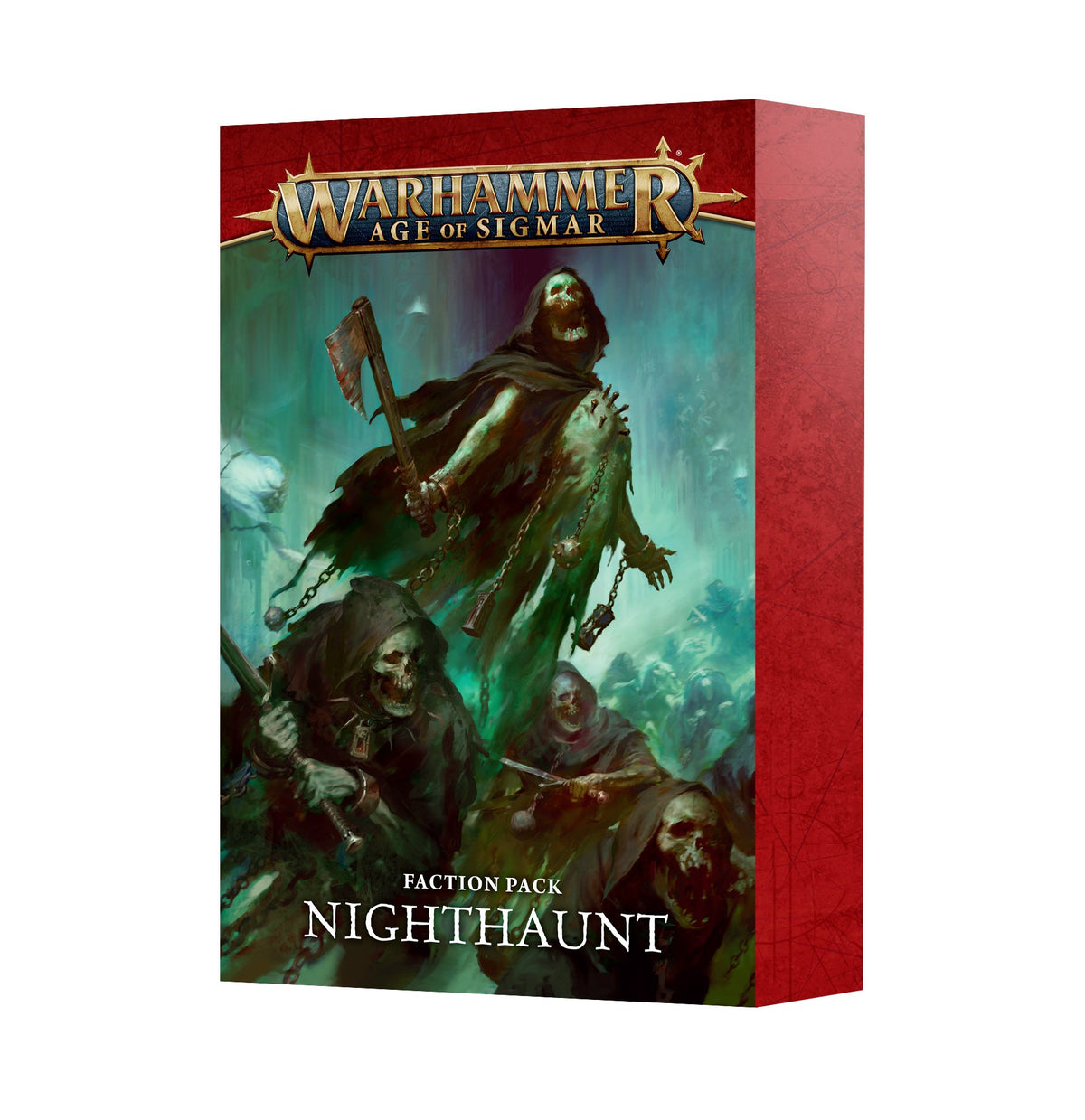 Upright red Faction Pack box shown at an angle, with a teal-toned painting of hooded, skeletal ghosts on the front. The cover reads “WARHAMMER AGE OF SIGMAR” and “FACTION PACK NIGHTHAUNT.”
