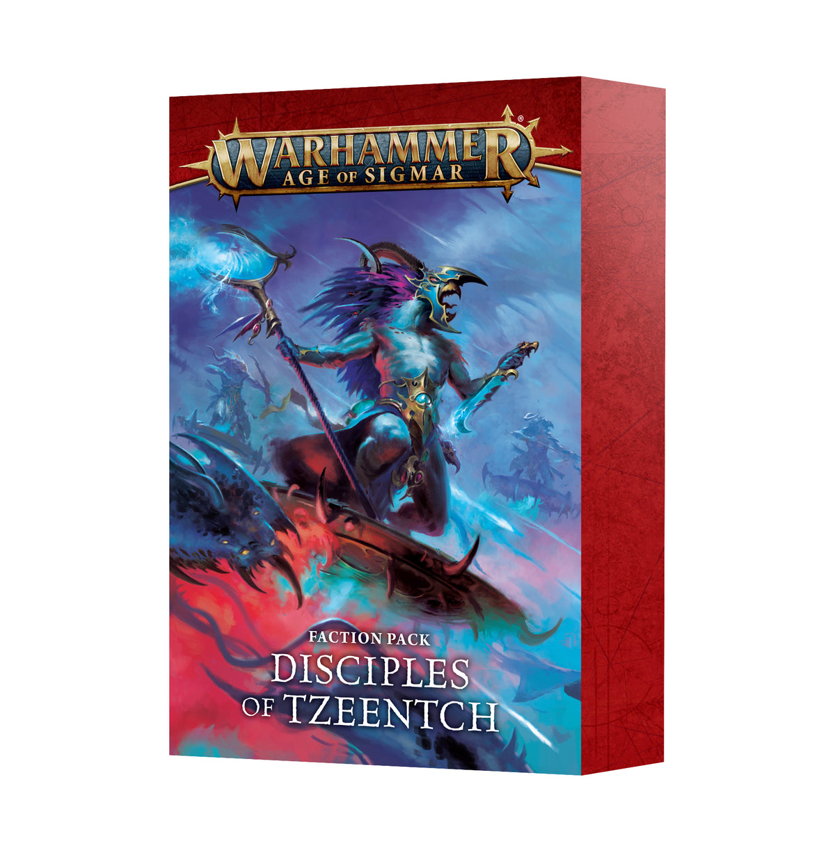 A red rectangular Faction Pack box shown at an angle, with blue and red fantasy artwork of a horned, feathered figure holding a staff on the front. The front reads “WARHAMMER AGE OF SIGMAR” and “FACTION PACK DISCIPLES OF TZEENTCH.”