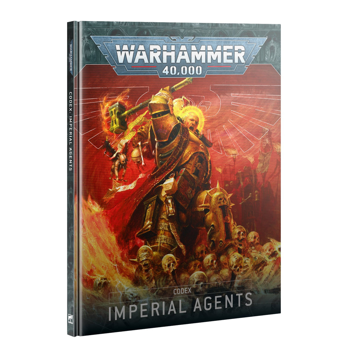 Front cover and spine of a dark green hardback Codex: Imperial Agents book, shown upright at an angle. The red-orange artwork features armored figures amid flames and skulls, with “WARHAMMER 40,000,” “CODEX” and “IMPERIAL AGENTS” on the cover.