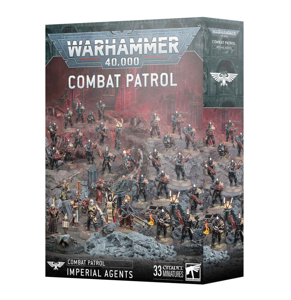 Angled box for Warhammer 40,000: Combat Patrol – Imperial Agents, with a large group of detailed sci-fi miniatures on a rocky battlefield across the front and a dark gray side panel. The box reads “WARHAMMER 40,000,” “COMBAT PATROL,” and “33 CITADEL MINIATURES.”