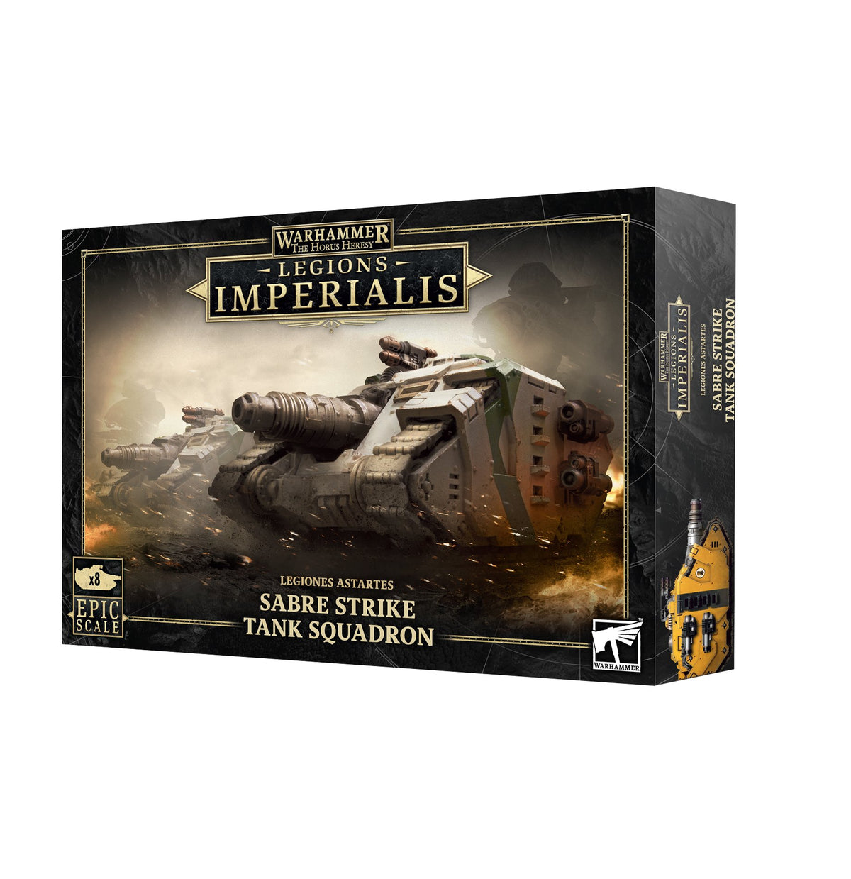 Black game box shown from the front and right side, with gold trim and artwork of armored tanks advancing through a battlefield. The front reads “LEGIONS IMPERIALIS” and “SABRE STRIKE TANK SQUADRON,” with an x8 badge.