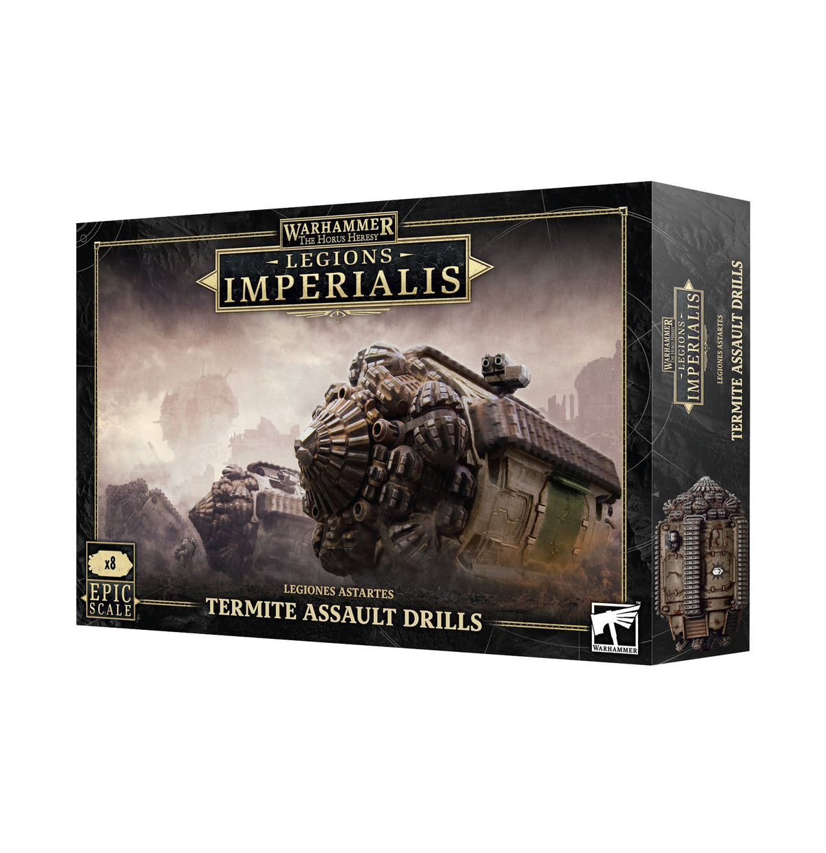 Black-and-gold Warhammer box showing armored Termite assault drills in a smoky battlefield scene on the front and a drill illustration on the right side. The front reads “LEGIONS IMPERIALIS” and “TERMITE ASSAULT DRILLS,” with an “x8” badge.