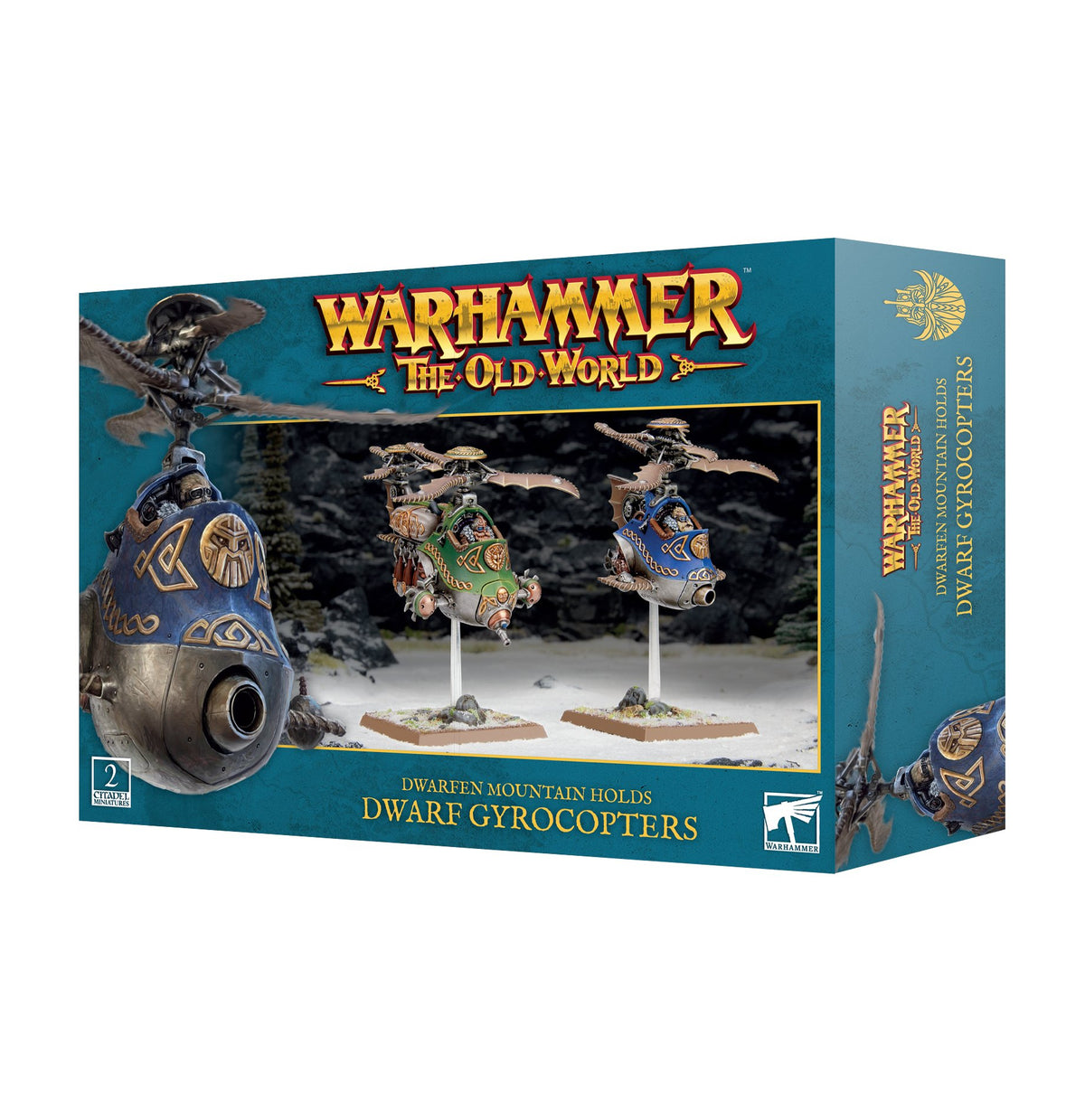 Teal Warhammer box showing three small, ornate dwarf gyrocopter miniatures: a large blue-and-gold craft in front and two smaller green and blue craft on stands. The box reads “WARHAMMER THE OLD WORLD” and “DWARFEN MOUNTAIN HOLDS DWARF GYROCOPTERS.”