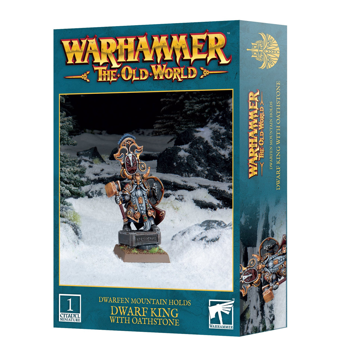 Teal miniature box shown from the front and right side. Its artwork shows an armored dwarf king with a hammer and shield standing on a rune-carved stone in snow; the front reads “WARHAMMER THE OLD WORLD” and “DWARF KING WITH OATHSTONE.”