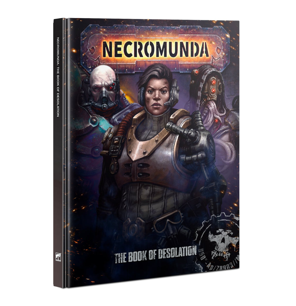 A hardback Necromunda expansion book shown from the front with its spine visible. The dark cover depicts an armored woman between two masked figures, with the title “NECROMUNDA” above and “THE BOOK OF DESOLATION” near the bottom.