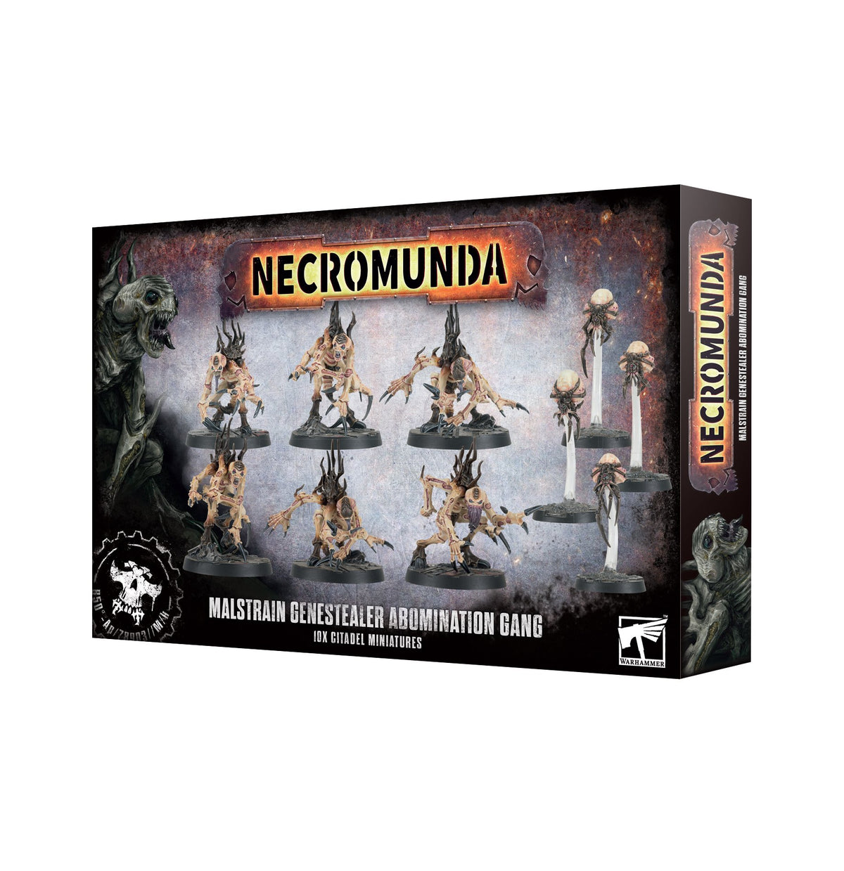 Angled view of a Necromunda miniature box showing its front and right side. The artwork features six pale, spiky alien figures and four floating creatures on black bases, with a monstrous face at the left and the text “NECROMUNDA” and “MALSTRAIN GENESTEALER ABOMINATION GANG.”