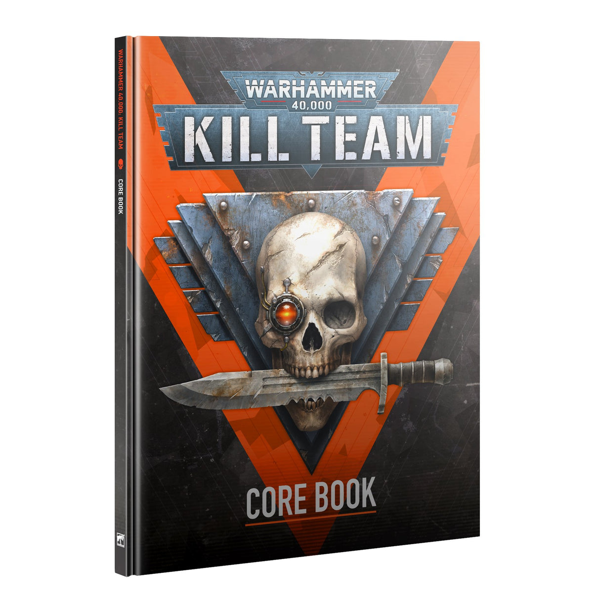Hardcover Kill Team Core Book shown upright, with its orange, black and gray front cover and narrow spine visible. A skull with a glowing red eye sits behind a horizontal blade; the cover reads “WARHAMMER 40,000,” “KILL TEAM” and “CORE BOOK.”