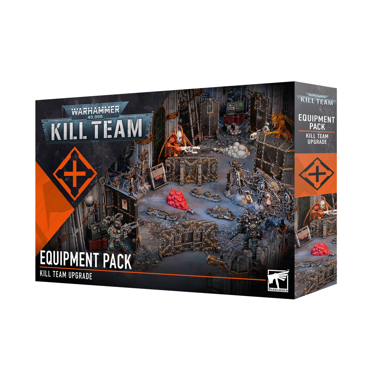 A black and orange Kill Team Equipment Pack box shown from the front and right side, with a sci-fi battle scene of miniature figures, barricades and equipment. The front reads “KILL TEAM” and “EQUIPMENT PACK”; the side reads “EQUIPMENT PACK” and “KILL TEAM UPGRADE.”