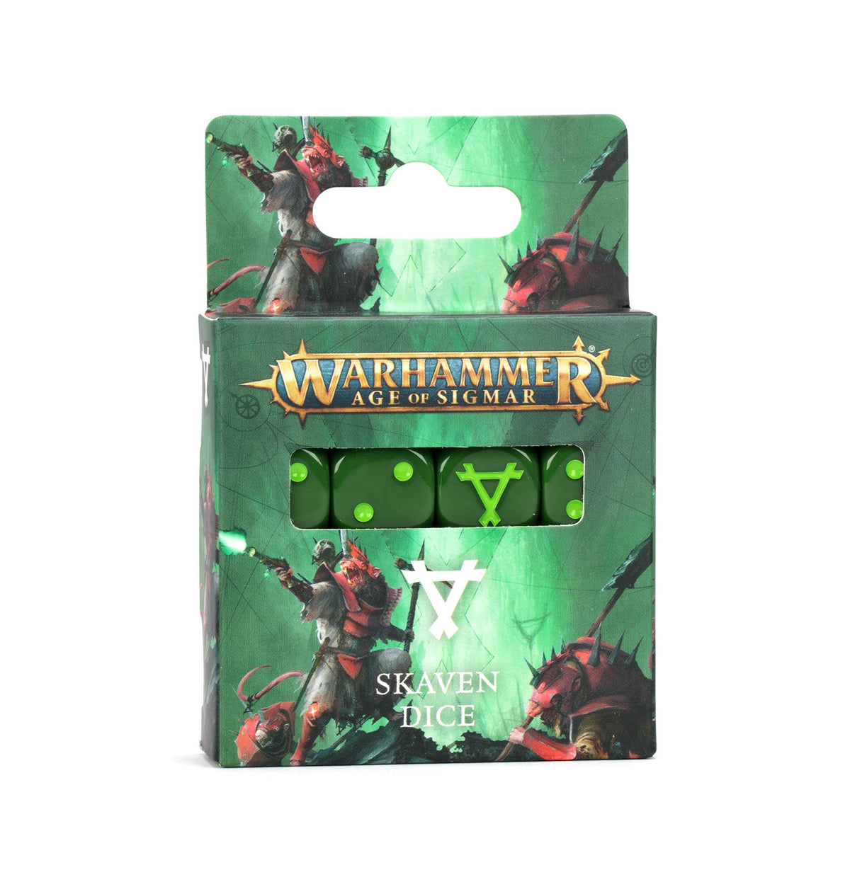 Green Warhammer Age of Sigmar Skaven dice box with fantasy rat-like warriors illustrated on the front and top. A window reveals dark green dice with bright green pips and a Skaven symbol; the box reads “WARHAMMER AGE OF SIGMAR” and “SKAVEN DICE.”