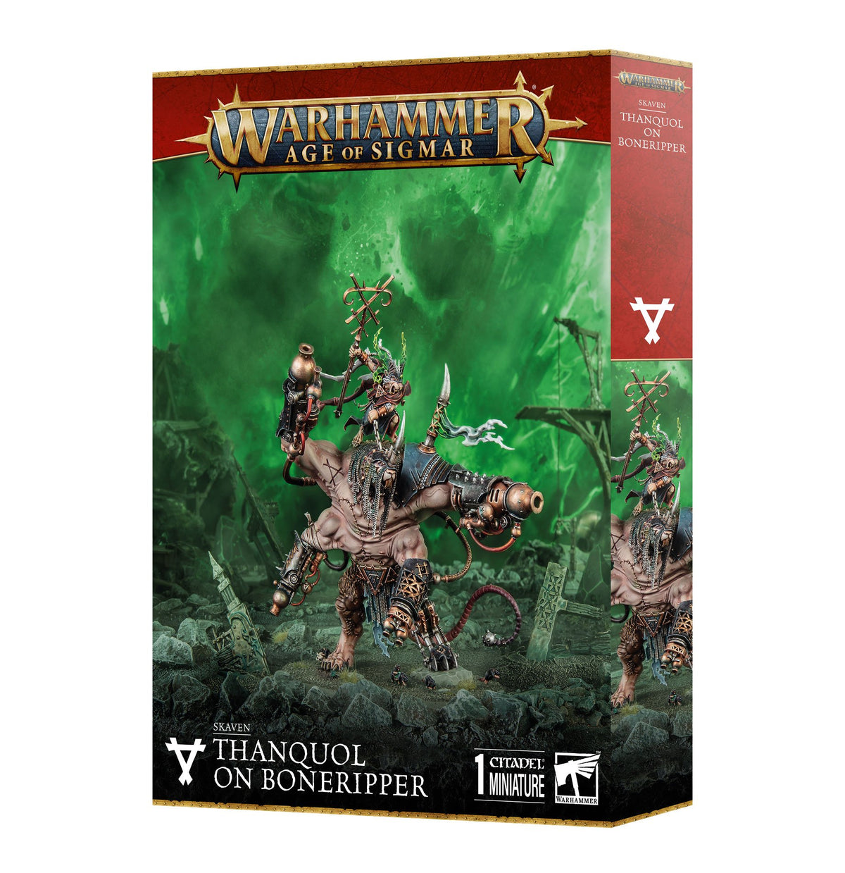 Box for the Skaven Thanquol on Boneripper miniature, shown from the front and right side. The artwork features a large gray, four-armed rat creature in dark armor with a smaller rider; the green-and-red box reads “WARHAMMER AGE OF SIGMAR” and “THANQUOL ON BONERIPPER.”