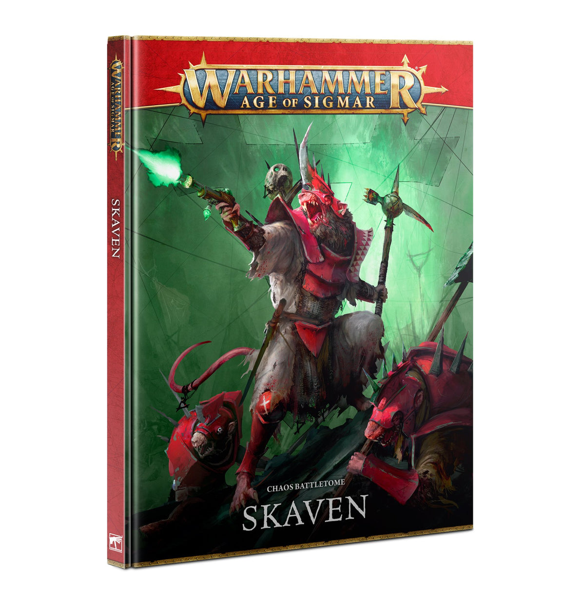 Upright hardcover Chaos Battletome: Skaven, shown at an angle with a red spine and green-and-red cover art of armored rat-like warriors around a central figure wielding a staff and glowing green magic. The cover reads “WARHAMMER AGE OF SIGMAR” and “SKAVEN.”