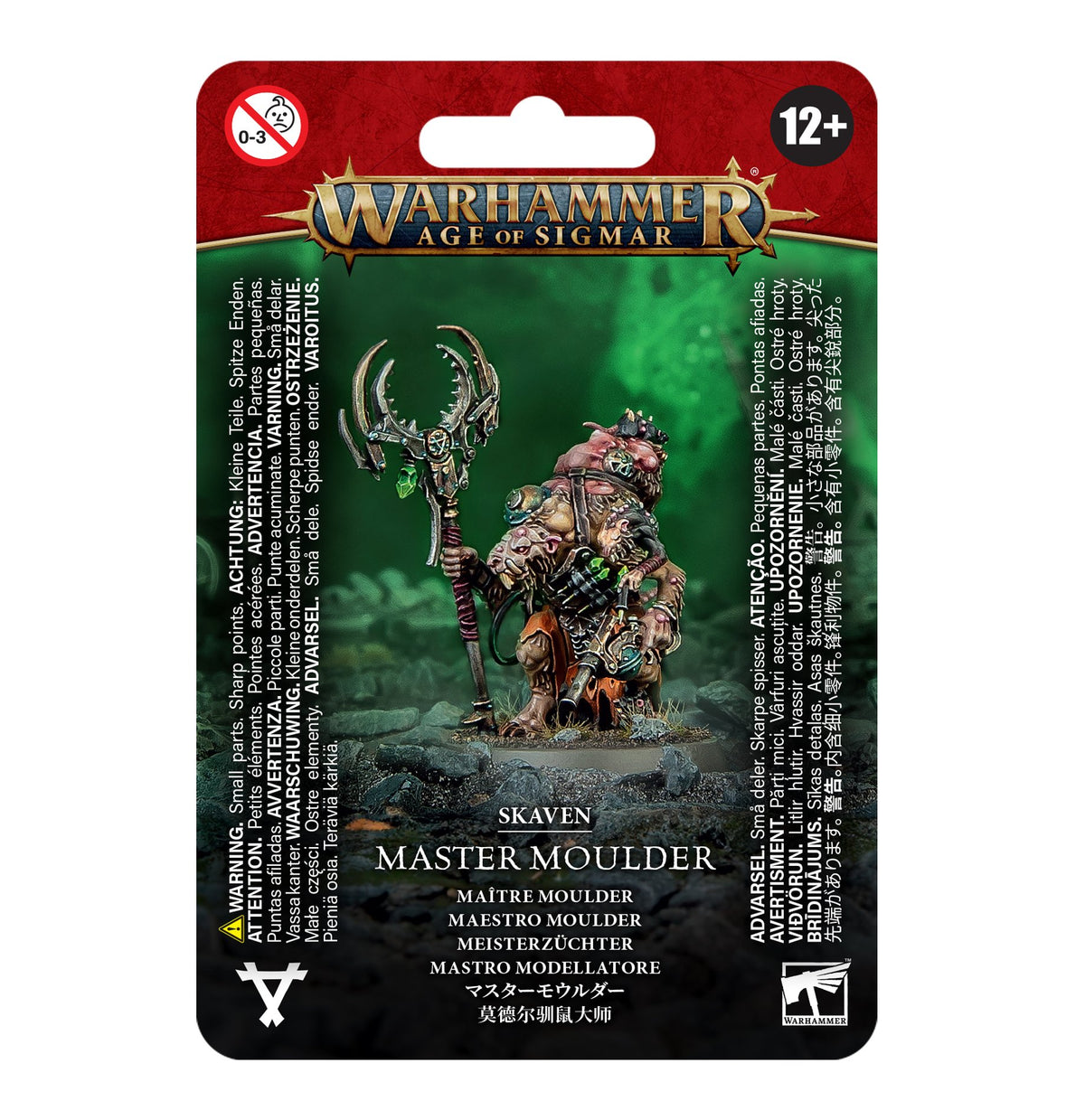 Front of a red, green and black Warhammer miniature package, with artwork of a hunched rat-like figure holding a tall hooked staff. The text reads “WARHAMMER AGE OF SIGMAR” and “SKAVEN MASTER MOULDER.”