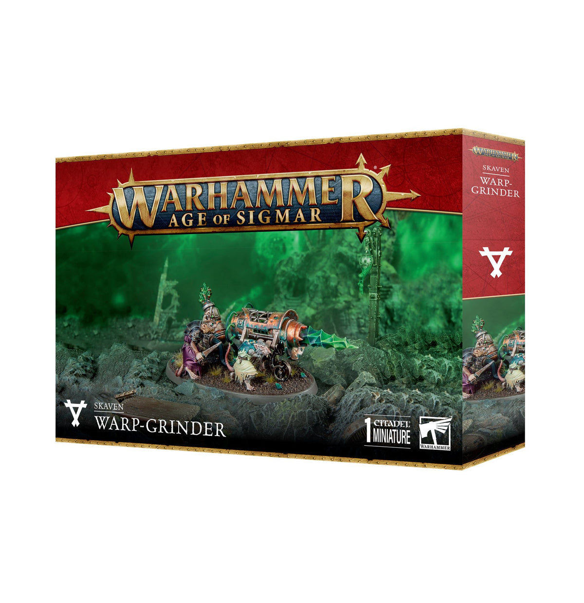 A Warhammer miniature kit box shows Skaven crew operating a large, copper-colored drill machine on rocky ground against a green smoky background. The red-and-black packaging reads “WARHAMMER AGE OF SIGMAR” and “SKAVEN WARP-GRINDER.”