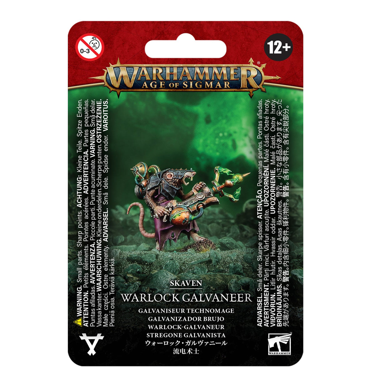 Front of a red, green, and black Warlock Galvaneer package, showing a painted ratlike figure with an ornate weapon and green energy. The card reads “WARHAMMER AGE OF SIGMAR,” “SKAVEN,” and “WARLOCK GALVANEER.”