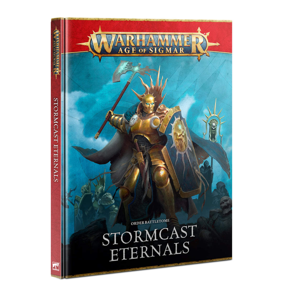 Hardback book shown from the front with its red spine visible. The blue cover depicts a gold-armored warrior carrying an axe and shield, with other figures behind; text reads “WARHAMMER AGE OF SIGMAR” and “ORDER BATTLETOME STORMCAST ETERNALS.”
