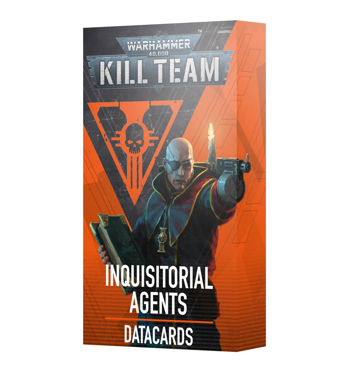 Box of Kill Team datacards with a black, gray and vivid orange front and a narrow orange side panel. The artwork shows a bald figure in dark robes holding a book and aiming a pistol; the front reads “WARHAMMER 40,000,” “KILL TEAM” and “INQUISITORIAL AGENTS DATACARDS.”