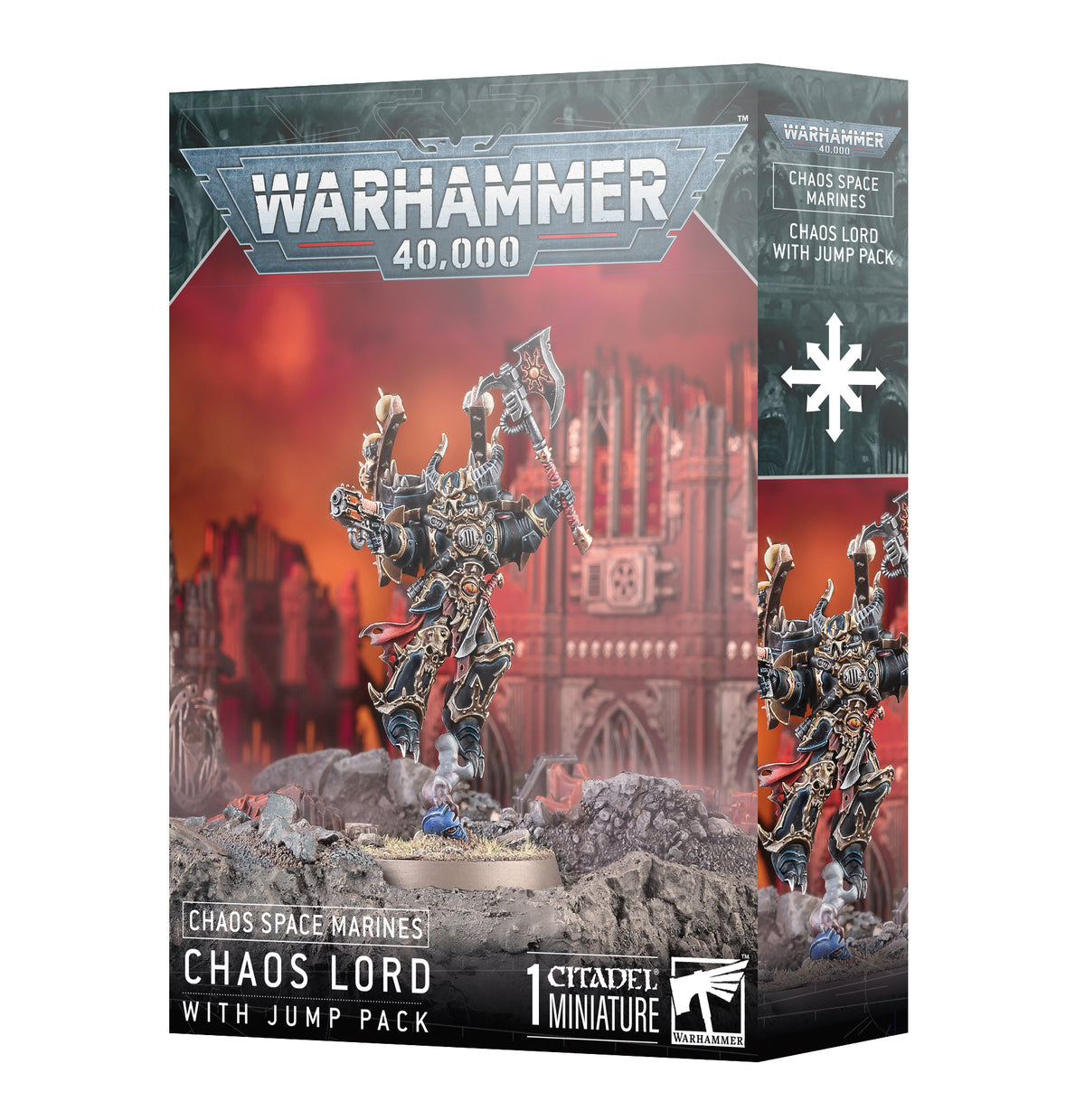 Box for a Chaos Space Marines miniature, shown from the front and right side. The front depicts an ornate dark-armored warrior with a jump pack rising over rocky ground against a red backdrop; the side repeats the artwork. Text reads “WARHAMMER 40,000” and “CHAOS LORD WITH JUMP PACK.”