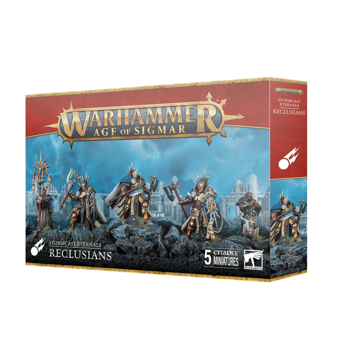 Warhammer Age of Sigmar Reclusians miniature box, shown from the front and right side. Blue-and-gold armored warriors stand against a blue, rocky scene; the red-and-gold packaging reads “WARHAMMER AGE OF SIGMAR,” “RECLUSIANS,” and “5 CITADEL MINIATURES.”