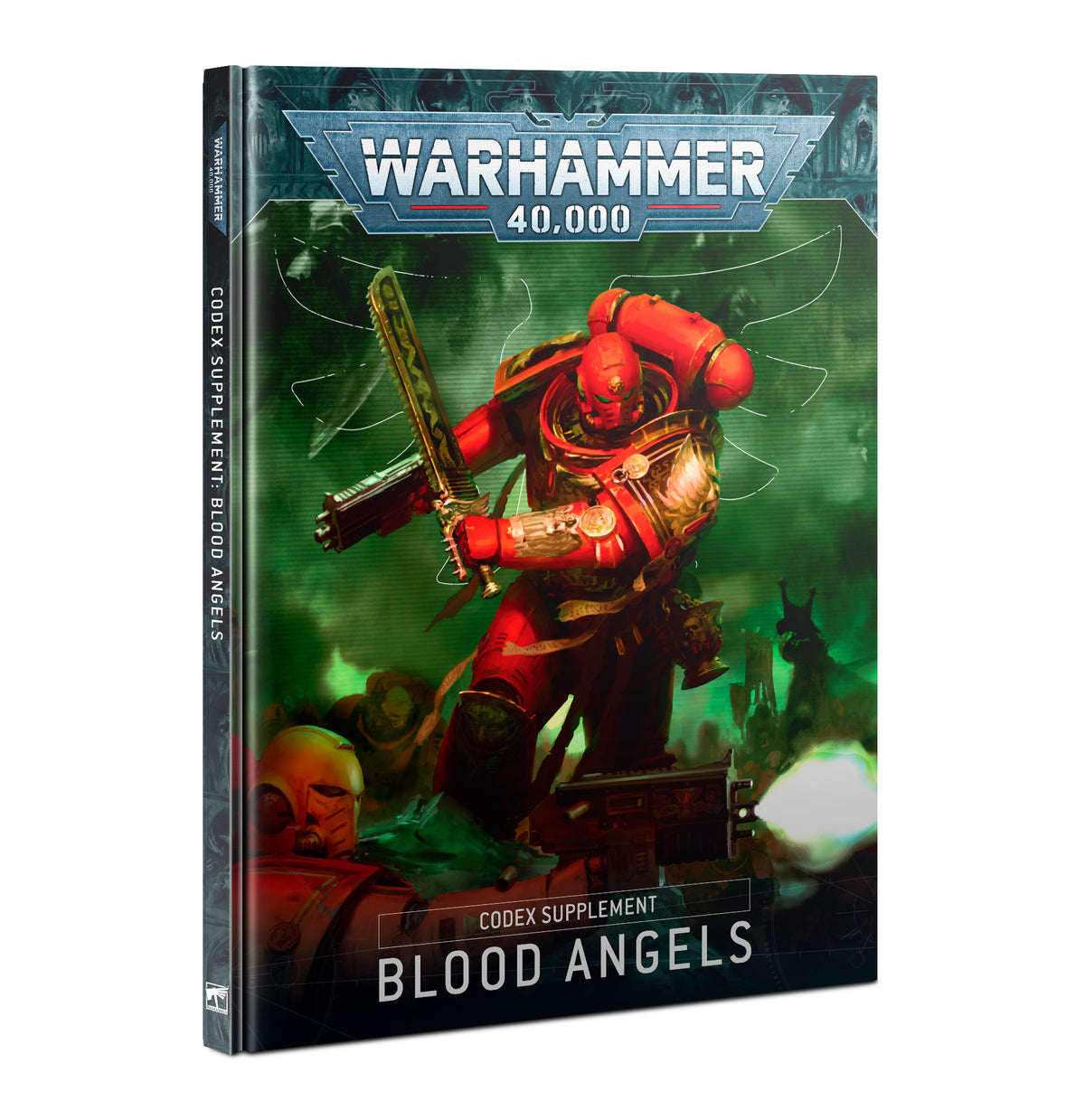 Hardback Codex Supplement: Blood Angels shown upright from the front and spine. The cover depicts a red-armored warrior with a sword against a green battlefield and reads “WARHAMMER 40,000” and “CODEX SUPPLEMENT BLOOD ANGELS.”