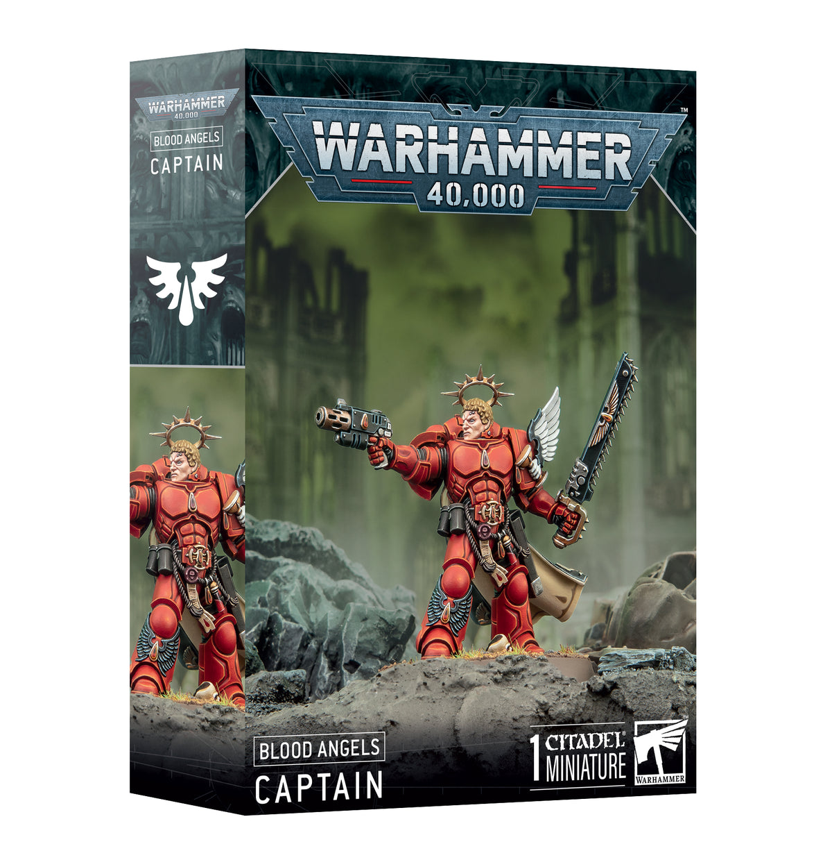 Box for a Blood Angels Captain miniature, shown from the front and left side. The artwork features a red-armored figure with a halo, aiming a pistol and holding a large sword; the package reads “WARHAMMER 40,000” and “BLOOD ANGELS CAPTAIN.”