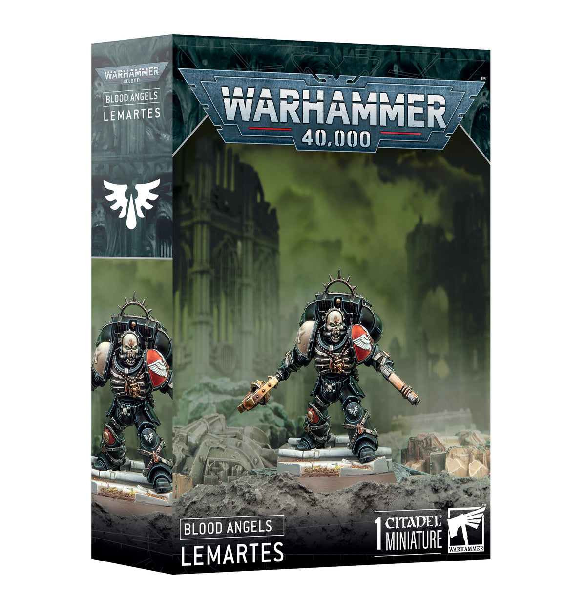 Box for a Blood Angels: Lemartes miniature, with a black-armored, skull-faced warrior in red shoulder armor standing amid rubble before a green ruined city; the side panel repeats the figure. Text reads “WARHAMMER 40,000,” “BLOOD ANGELS,” and “LEMARTES.”