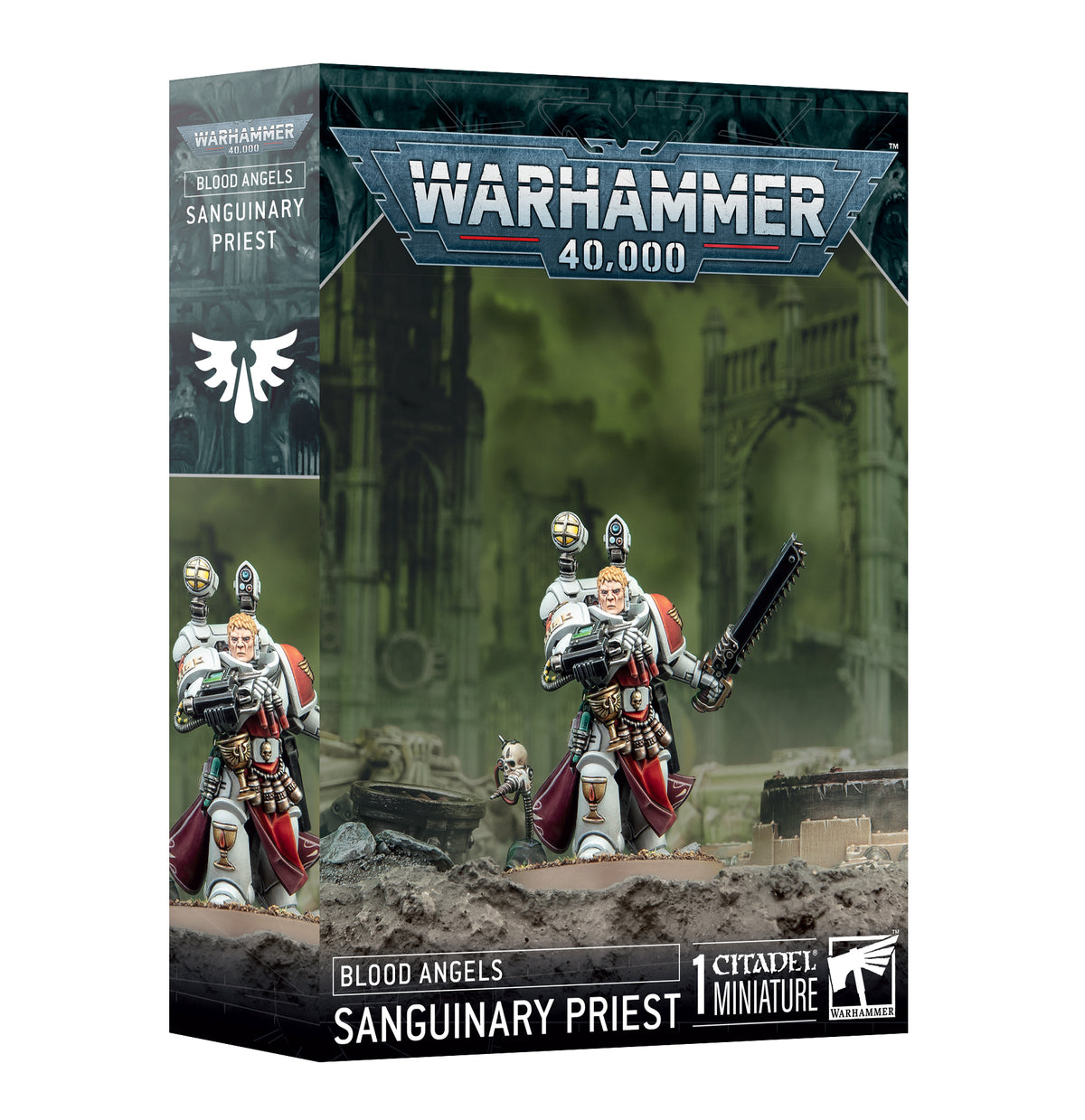A Warhammer 40,000 miniature box shown from the front and left side, with artwork of a white-and-red armored priest holding a firearm and chainsword in a ruined green setting. The box reads “WARHAMMER 40,000,” “BLOOD ANGELS,” and “SANGUINARY PRIEST.”