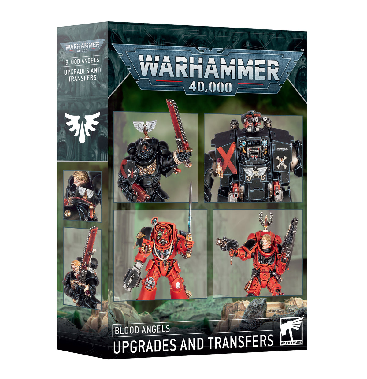 Angled box for Blood Angels upgrades and transfers, with a dark teal and black design. The front shows four Space Marine miniatures, mostly in red or black armor, and the side shows two more; text reads “WARHAMMER 40,000,” “BLOOD ANGELS” and “UPGRADES AND TRANSFERS.”