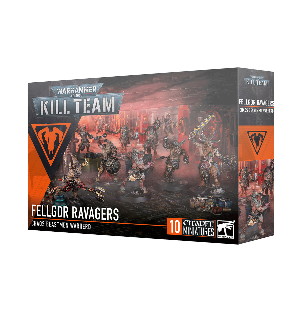 Box for the Kill Team: Fellgor Ravagers miniatures kit, with dark gray and orange packaging and artwork of armored, horned beastmen in a battle scene. The front reads “KILL TEAM” and “FELLGOR RAVAGERS”; the right side panel shows the same title and artwork.