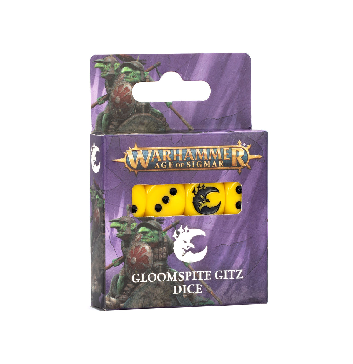 Purple illustrated box of Gloomspite Gitz dice, with bright yellow dice and black markings visible through a front window; one shows a black moon emblem. The box reads “WARHAMMER AGE OF SIGMAR” and “GLOOMSPITE GITZ DICE”.