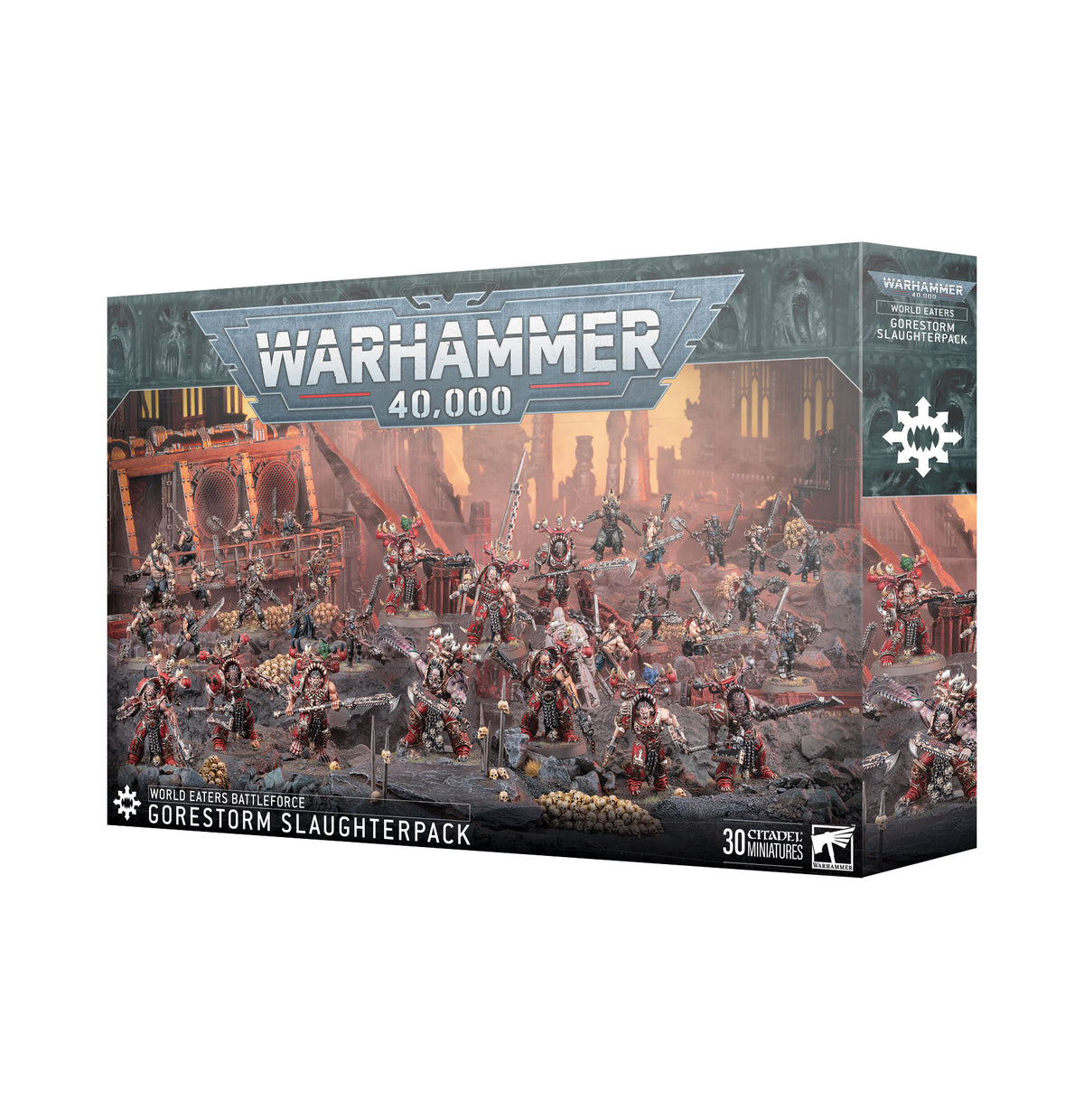 A rectangular Warhammer 40,000 miniatures box shown from the front and right side, with battle artwork of numerous red, black and metallic armored warriors. The front reads “WARHAMMER 40,000” and “GORESTORM SLAUGHTERPACK.”