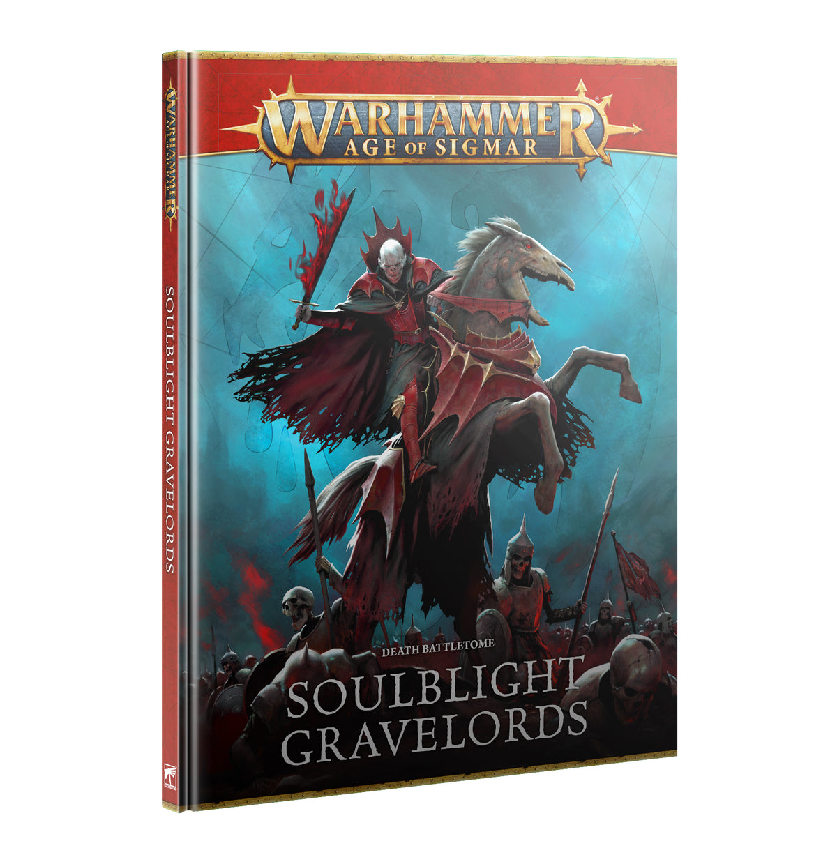 Hardback battletome shown at an angle, with red cover edges and blue artwork of an armored vampire riding a rearing horse above undead warriors. The cover reads “WARHAMMER AGE OF SIGMAR” and “SOULBLIGHT GRAVELORDS.”