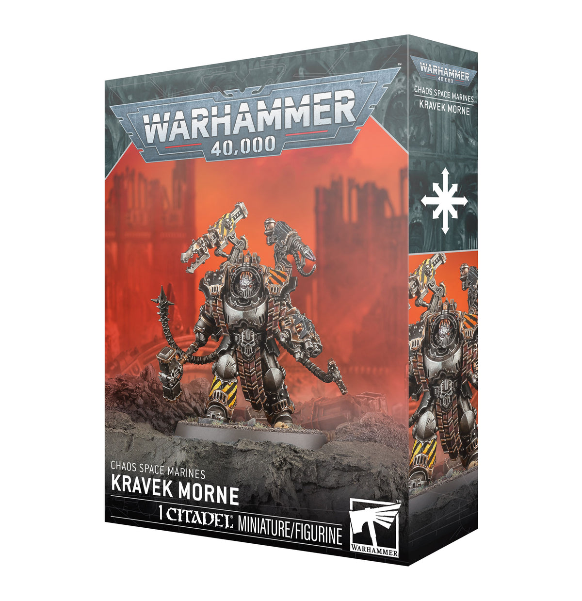 Product box for the Warhammer 40,000 miniature Kravek Morne, showing a painted armored Chaos Space Marine with mechanical weapon arms on a rocky base against a red ruined backdrop. Front reads "WARHAMMER 40,000" and "KRAVEK MORNE"; side panel repeats the figure with a chaos star symbol.