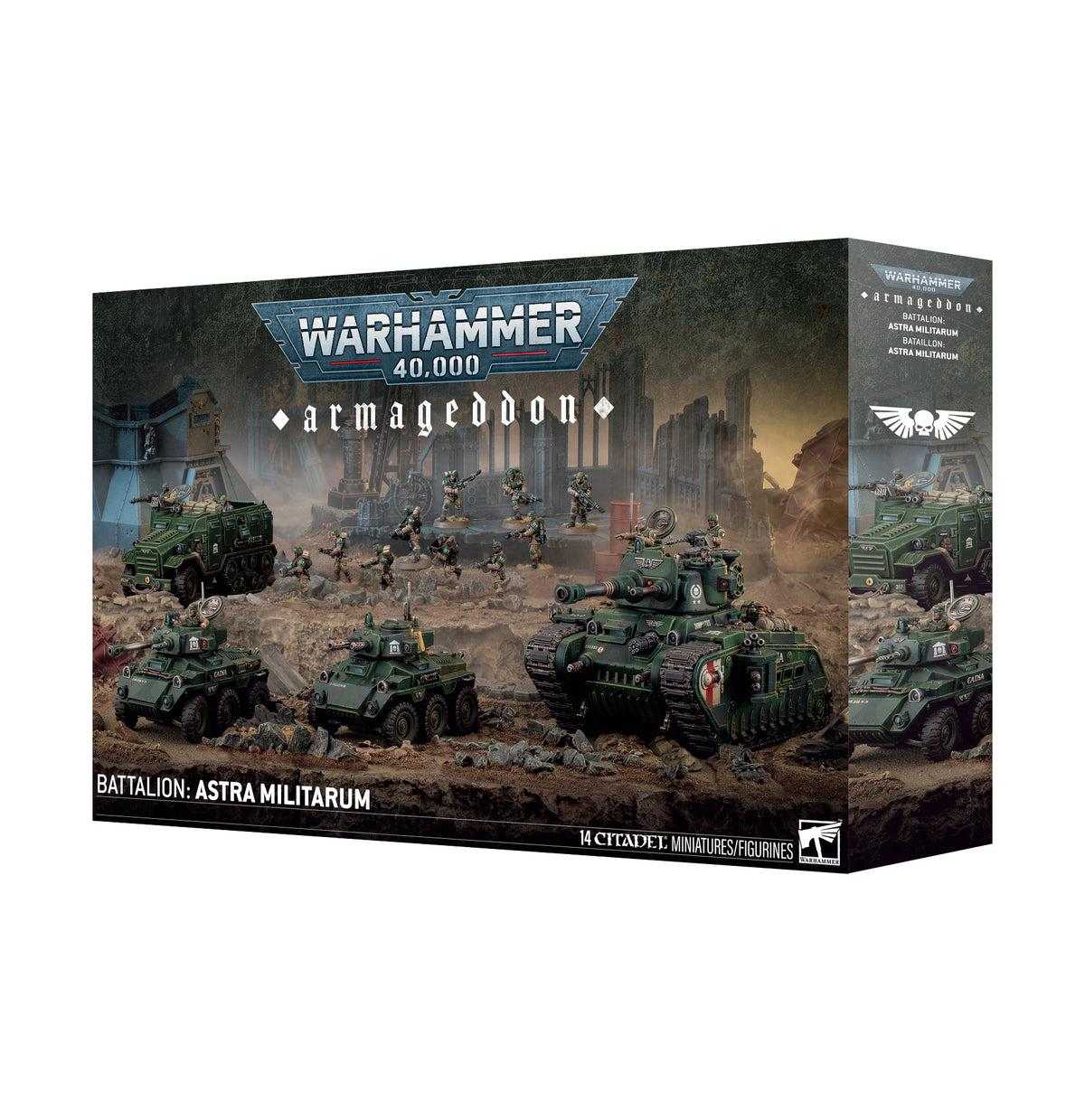 Boxed set shown at an angle with front and side panels, featuring painted green military miniatures of a tracked battle tank, two wheeled armored cars, a troop transport and infantry soldiers on a ruined battlefield. Box text reads "WARHAMMER 40,000", "armageddon" and "BATTALION: ASTRA MILITARUM".