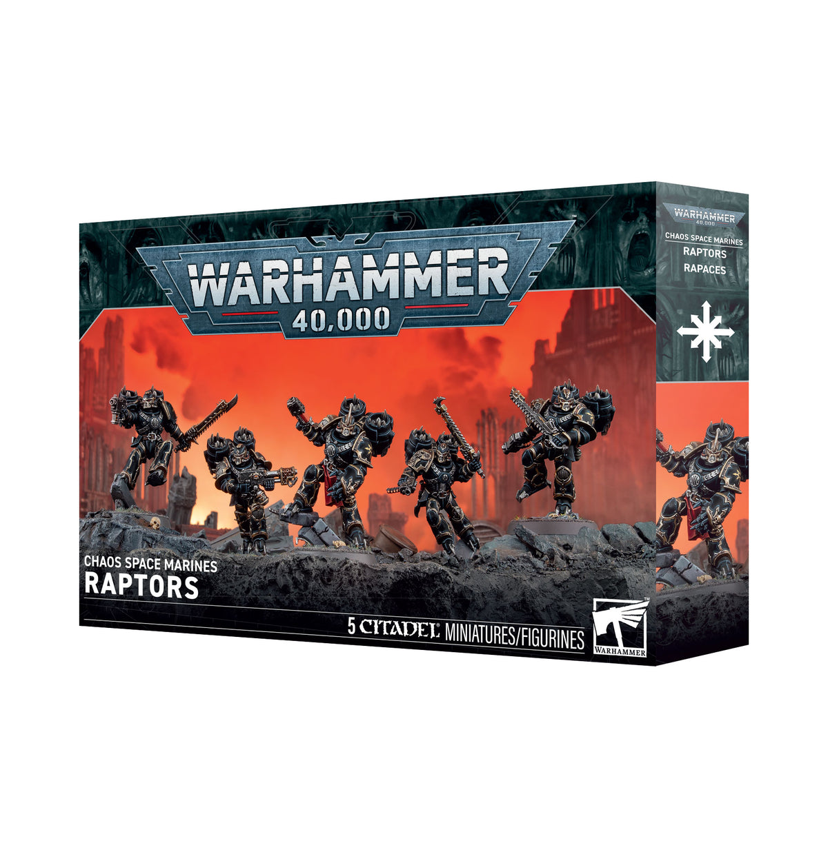 Box for Chaos Space Marines: Raptors miniatures, shown from the front and right side. The front depicts five dark, spiked armored figures against an orange-red scene and reads “WARHAMMER 40,000,” “CHAOS SPACE MARINES RAPTORS,” and “5 CITADEL MINIATURES/FIGURINES.”