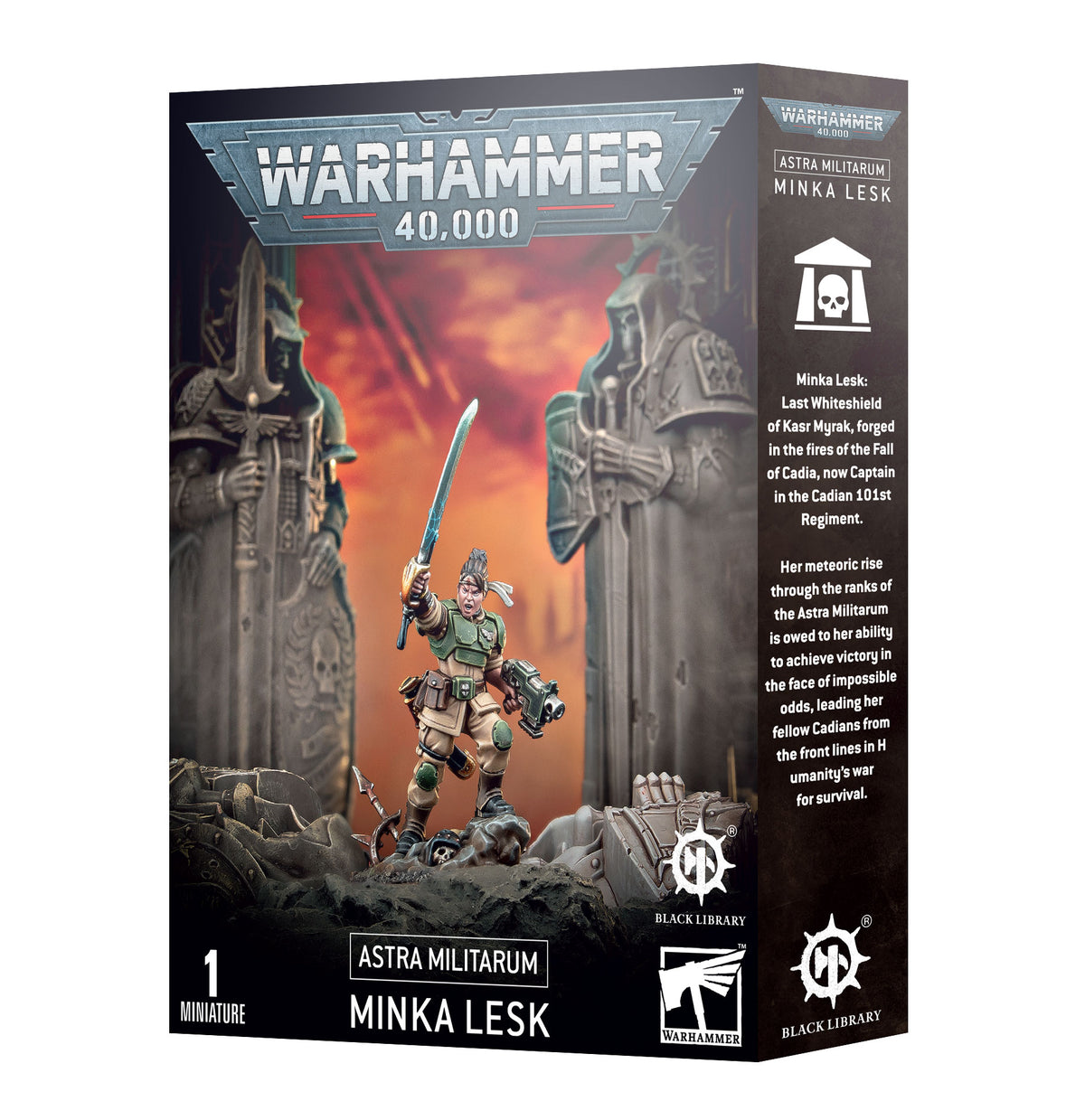 Box for a Warhammer 40,000 Minka Lesk miniature, showing a green-and-tan armored soldier raising a sword over rubble against an orange battlefield, framed by statues. The side panel reads “ASTRA MILITARUM” and “MINKA LESK.”